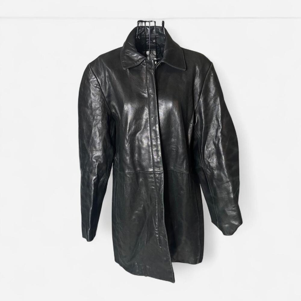 Anne Klein 2 Vintage Black Leather Trench Coat Jacket Mid Length Womens Size L